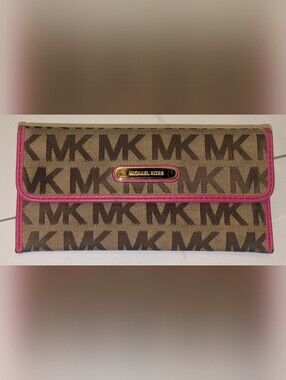 Michael Kors Austin Flat Continental Wallet MK Monogram Brown/Pink Trim/Gold